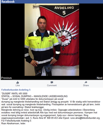 Fellesforbundets avdeling 5 utlover dusør for bevis på sosial dumping i Statoil. Foto: Skjermdump/Facebook