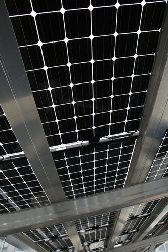Solcellepanelene er delvis gjennomsiktige, noe som gjør at sollyset som slippes igjennom og reflekteres opp igjen fra bakken under, treffer solcellenes underside. . Foto: Jannicke Nilsen