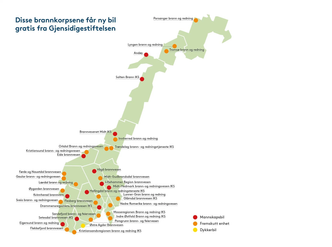 Fordelingen av brannbilene fra Gjensidigestiftelsen. En ekstern fag-komité har plukket ut vinneren blant 251 søkere. Foto: Gjensidigestiftelsen