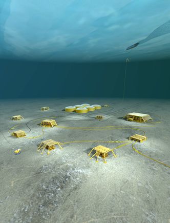 Subsea-system: Illustrasjonen viser et Subsea Storage-system slik det er tenkt å ligge på havbunnen med seks enheter. Spesielt i Barentshavet vil dette være effektivt. Foto: Statoil