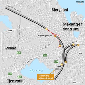 Det gjenstår nå kun 400 meter før Eiganestunnelen får gjennomslag. Kartet viser fremdriften i tunnelen, slik den krysser under byen. Bilde: Illustrasjon