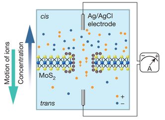 Diagram over oppsettet til systemet. Foto: Single-layer MoS2 nanopores as nanopower generators, Jiandong Feng et al.