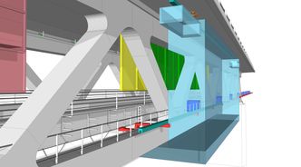 Malesystemet skal scanne ett og ett broelement før robotene setter i gang med å vaske og deretter spraymale konstruksjonen. Både innsiden og utsiden skal kunne males. Foto: Øresundsbron
