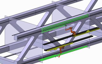 Slik kan det foregå: To maleroboter (røde) sprayer grønnmaling på en seksjon av Øresundsbroens sikksakkformede stålkonstruksjon. Robotarmene er festet på svarte skinner, som sørger for at robotene kan bevege seg frem og tilbake. De røde robotarmene vil også vaske broen før første malestrøk. Foto: Øresundsbron