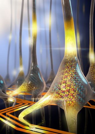 En kunstnerisk gjengivelse av en sett med stokastiske faseskiftnevroner. Bildet ble vist på forsiden av Nature Nanotechnology-utgaven som ble utgitt i går. Foto: IBM Research