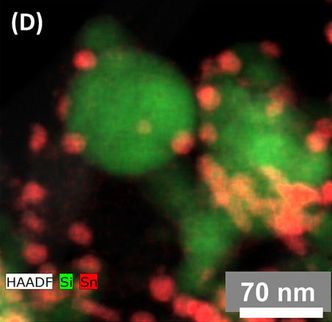 Elektronmikroskopbilde (fargelagt) av anodematerialet. Foto: Zhong, L. et al. Tin nanoparticles as an effective conductive additive in silicon anodes. Sci. Rep. 6, 30952; doi