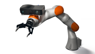 Pitsj: Zivid 3D-kamera åpner for nye muligheter innen robotikk og industriell automasjon. Robotarmer påmontert kamera kan for eksempel gripe uordnede deler fra en pall. Foto: Zivid Labs