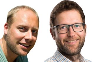 Pitsjer: Grunderne av Zivid Labs, Øystein Skotheim og Henrik Schumann-Olsen. Foto: Zivid Labs/montasje