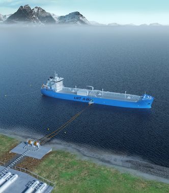 Skipet er fortøyd til bøyer og UTS med slanger buksert ut til skipet. Alt er basert på standard koblinger, enten det er LNG, LPG, etan, olje eller andre fluider. Foto: Connect LNG