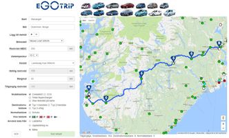 Ruteplanleggeren viser deg hvor det er ladere, og hvilke du skal lade ved underveis. Alt er basert på hvilken bil du kjører. Foto: Skjermdump