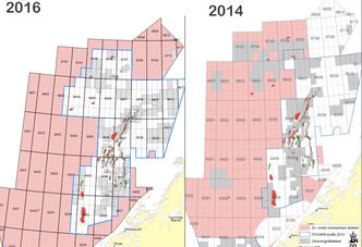 Dette er forskjellen på nominasjonskartene fra 2014 og 2016. De rosa områdene er blokkene som oljeselskapene kan nominere. Et titalls blokker er nå åpnet for nominasjon i de forbudte Nordland 6-områdene, samt Møre-blokkene. Foto: Skjermdump Oljedirektoratet