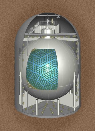 Modellen illustrerer KamLAND-detektoren. Inne i stålbeholderen skjuler det seg en nylonballon med 1000 tonn scintillator. Illustrasjon: The KamLAND collaboration