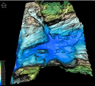 Her ser man fremstillingen av havbunnen i Bjørnafjorden ved hjelp av multistråle-ekkolodd. Foto: Dof Subsea