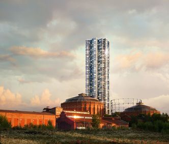 Nesten halvert: Norra Djurgårdsstaden skulle få sitt eget ikonbygg med denne 170 meter høye skyskraperen tegnet av Herzog &amp;amp; de Meuron. Nå er &quot;tårnet&quot; krympet til 90 meter, og blir dermed samme høyde som Gasklokke 4 som det erstatter. Foto: Illustrasjon