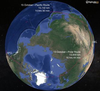 Slik er Air Indias gamle atlanterhavsrute og nye stillehavsrute fra DEL til SFO. Foto: Flightradar24