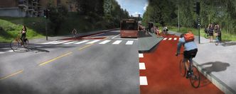 Slik ser Oslo kommune for seg at man kan løse problemet med sykkel og bussholdeplasser, omtalt i bildeteksten øverst. Illustrasjon: Oslo kommune
