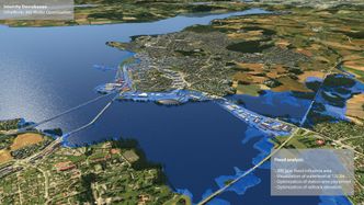 Modellen viser hvor høy vannstanden kan bli ved en 200-årsflom i Mjøsa. Foto: Rambøll og Sweco