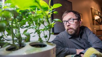Familien Solheim gror urter, tomater og chili i en egen urtehagestasjon. Stasjonen er vannbasert og sørger for at alle plantene får det de trenger. Foto: Mathias Klingenberg