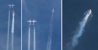 Denne bildesammenstillingen viser hvordan SpaceShipTwo først separeres fra bæreflyet White Knight Two og senere havarerer under en testflygning over Mojave-ørkenen fredag 31. oktober 2014. Foto: Kenneth Brown