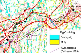 Dypforvitret fjell er tolket med blå og gule farger i Østmarkaområdet utenfor Oslo. Romeriksporten er vist sammen med observerte svakhetssoner med lilla farge. Datasettene bekrefter at den såkalte Amager-metoden, basert på flymagnetiske data og en digital terrengmodell, fungerer i dette området. Foto: NGU