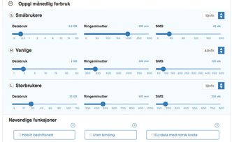 Slik ser mobilkalkulatoren ut. Du kan selv velge hvor mange ansatte med lite, middels og stort forbruk bedriften har, og om det er viktig med for eksempel mobilt bedriftsnett.