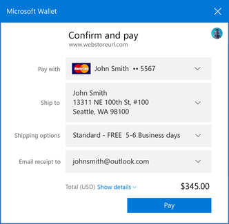 Payment Request API integreres med systemet elektroniske lommebok, her Microsoft Wallet. Det gjør at brukeren slipper å taste inn betalings- og kontaktinformasjon før man handler i en nettbutikk. Foto: Microsoft