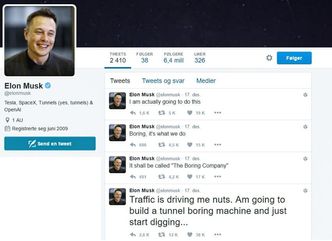 Elon Musk kjedet seg nylig i bilkø og fikk en lys ide. Den havnet på Twitter. Foto: Skjermdump Twitter