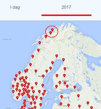Tesla planlegger sine to nordligste (merket) Supercharger-stasjoner i 2017. Foto: Skjermdump