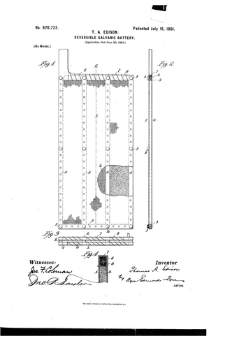 Et av patentene tilknyttet det såkalte Edison-batteriet, basert på Waldemar Jungers nikkel-jernbatteri fra 1899. Foto: Google patents