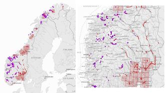 NVE har i sitt atlas kartlagt både kvikkleiresoner (skraverte kvadrater), faresoner for skred i bratt terreng (lilla) og flomsoner (røde streker). Illustrasjon: NVE