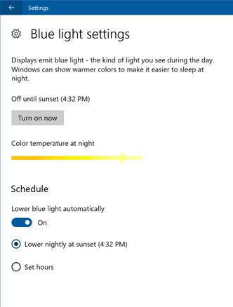 Windows 10 Creators Update kan automatisk dempe mengden av blått lys som stråles fra pc-skjermen. Dette kan redusere pc-ens effekt på brukerens eventuelle søvnproblemer. Bilde: Microsoft