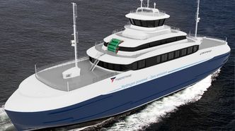 Konseptskisse for en hydrogendrevet ferge. I Pilot-E-prosjektet vil Fiskerstrand bygge om en eksisterende ferge for å spare penger. Foto:  Multi Maritime/Fiskerstrand