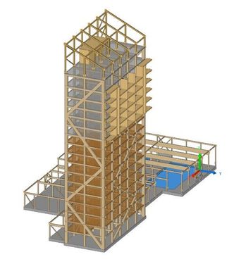 Bygget består av 18 etasjer, der de øverste seks etasjene har betongdekker for å unngå svingninger. Foto: Moelven Limtre AS