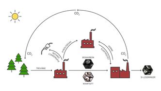 Ideell silisiumproduksjon: Går det som Elkem ønsker vil CO2-gassen som kommer fra silisiumproduksjonen gå inn i et kretsløp tilbake til skogen som igjen kan være råmateriale for trekull som brukes i fabrikkene.