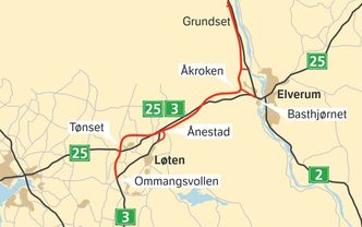 Totalt 10 km ny 2- eller 3-felts hovedveg og 15 km 4-felts motorveg skal bygges mellom Løten og Elverum. Bilde: Statens vegvesen
