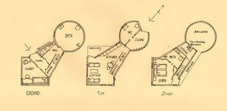 Slik er planløsningen. Boligen har også to terrasser - én utenfor tredje etasje og én takterrasse. De to terrassene forbindes med en utvendig trapp, lagt midt i det som skal bli en skråliggende blomstereng. Foto: Tegning