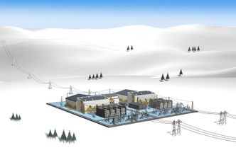 I Norge: Slik tenker man seg hvordan en UHVDC-stasjon kan se ut i Norge. Vekselstrømmen kommer inn i tre faser på hver sin ledning fra høyre. I stasjonen blir strømmen omformet til høyspent likestrøm og overføres videre på to ledere til venstre.