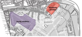 Tverrbanen 12/30 ligger tett inntil terminalene. Her kan du se hvordan den vestlige utvidelsen, markert med lilla, skal bygges over den stengningstruede landingsbanen. Bilde: Illustrasjon