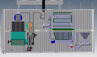 På innsiden av de fem kontainerene ligger alt utstyret som gjør forbrenningsanlegget komplett, smart orginanisert slik at det enkelt kan demonteres og transporteres til en ny lokasjon.