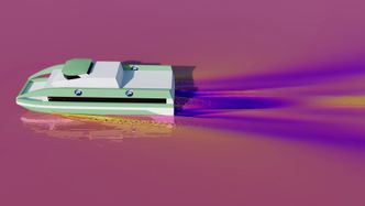 Simulering som viser hevingen av bølger rundt båten før den tar av. Bølger gir energitap. Simuleringen gir viktig informasjon for å dimensjonere motorene for å få kraft nok til &quot;take off&quot;. Foto: Flapping Foil