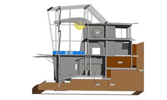 Konstruksjonsperspektiv for fjellstasjonen. Rommet med 360-400 tonn stein som gir stasjonen ballast er det som har brun farge i bunnen. Foto: Nordplan as