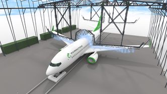 Trinn 2: Ved midtre travers utføres manuell kvalitetskontroll ved avising. Ved vask er dette hovedseksjonen, hvor flyet både vaskes og får påført avrenningsmiddel. Foto: Illustrasjon