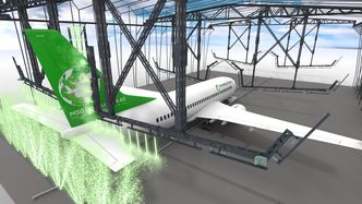 Trinn 1: Ved den første traversen inne i hangaren, får flyet påført avisingsvæske ved avising, og skum ved vask. Foto: Illustrasjon