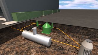 En brønn på cirka 1000 liter samler opp all væske etter hver vask eller avising. Væsken pumpes over i en fordelingstank før det går videre til en gjenvinningscontainer. 60-70 prosent av glykolen gjenbrukes. Foto: Illustrasjon