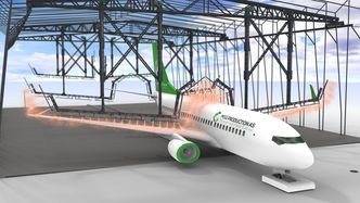 Trinn 3: I tredje travers påføres anti-is-væske ved avising. Her blåses flyet tørt ved vask. Og så er det klart for rullebanen. Foto: Illustrasjon