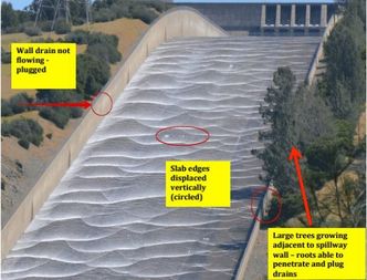 Bildet er fra 2012. Det viser at drenene i nærheten av rampens topp tilsynelatende er tilstoppet. Muligens på grund av røtter fra de store trærne fremst i bildet. Foto: Robert G. Bea