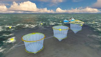 Merden skal utstyres med dobbel notvegg der nøtene blir spent fra hverandre ved hjelp av en vinsj på havbunn. Taket på noten blir holdt oppe av en konstruksjon over merden og kan ved behov åpnes med en glidelås. Foto: Illustrasjon