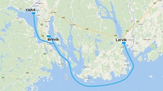 Kartet viser hvor det autonome skipet MV "Yara Birkeland" skal seile, fra Herøya til Brevik og Larvik containerterminaler. Bilde:  Kjersti Magnussen/Google Maps