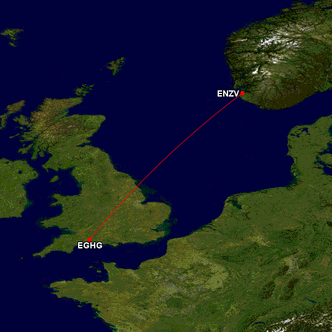 Fra Westland-flyplassen i Yeovil til Sola lufthavn er det 556 nautiske mil. Foto: Great Circle Mapper