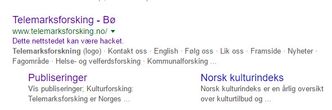 Googles søketjeneste advarer om at nettstedet til Telemarksforsking kan være hacket. Foto: Skjermbilde